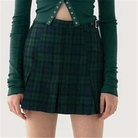 dark green navy blue plaid mini skirt tartan buckle waist a line short skirt women egirl aesthetic grunge outfit