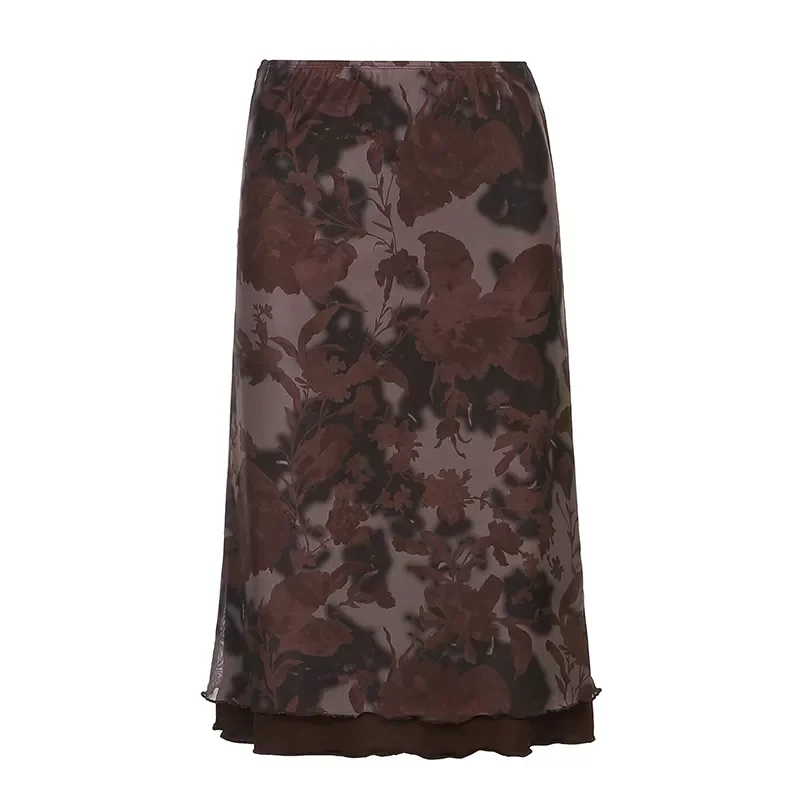 

2022New Fairy Grunge Low Waist Midi Skirt Vintage Women'S Print Skirt Aesthetic Long Skirt Korean E Girl Gothic Summer 90s