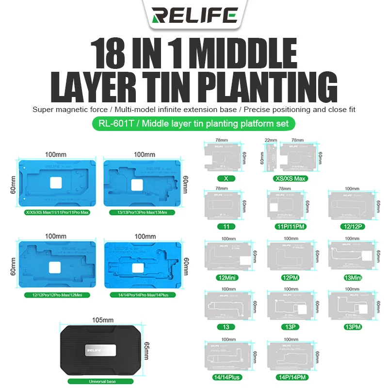 

Трафарет для iPhone X ~ 14 Pro Max, деталь 18 в 1, средний слой, Оловянная платформа, набор инструментов для реболлинга 3D BGA