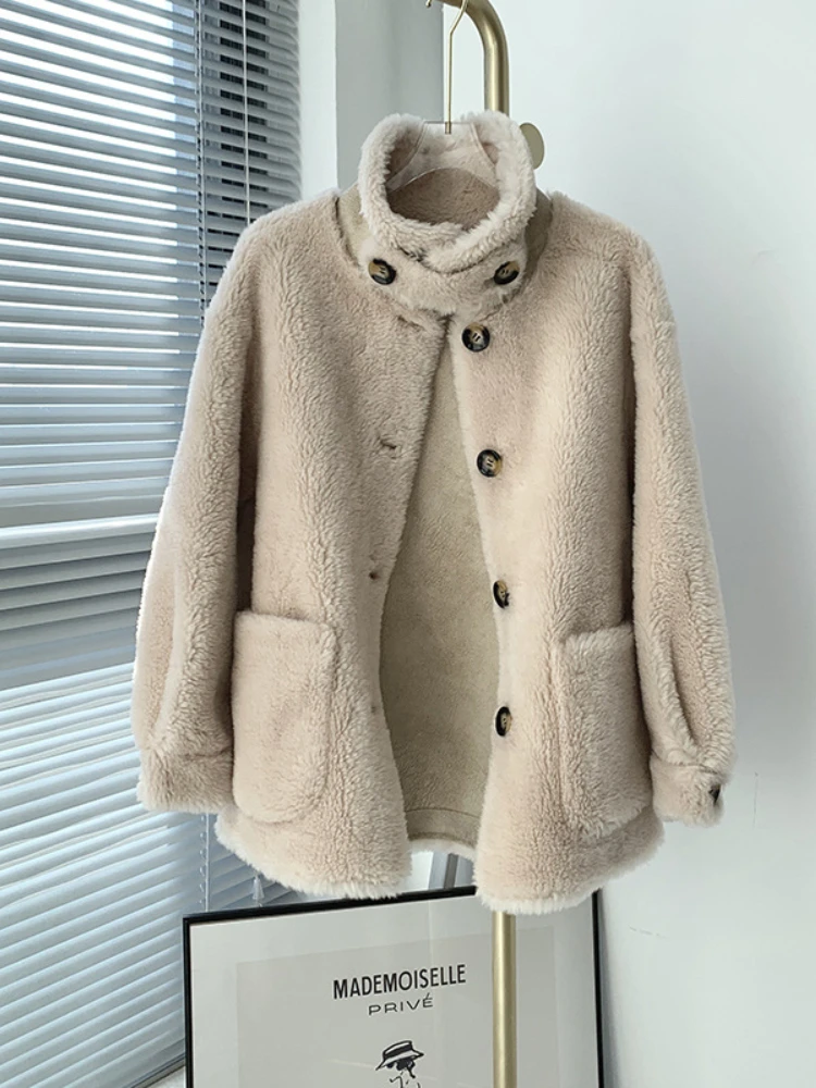 

OFTBUY/2022 Женское пальто с воротником-стойкой из зернистого флиса, свободное плотное пальто из овечьей шерсти, теплое пальто из натурального м...