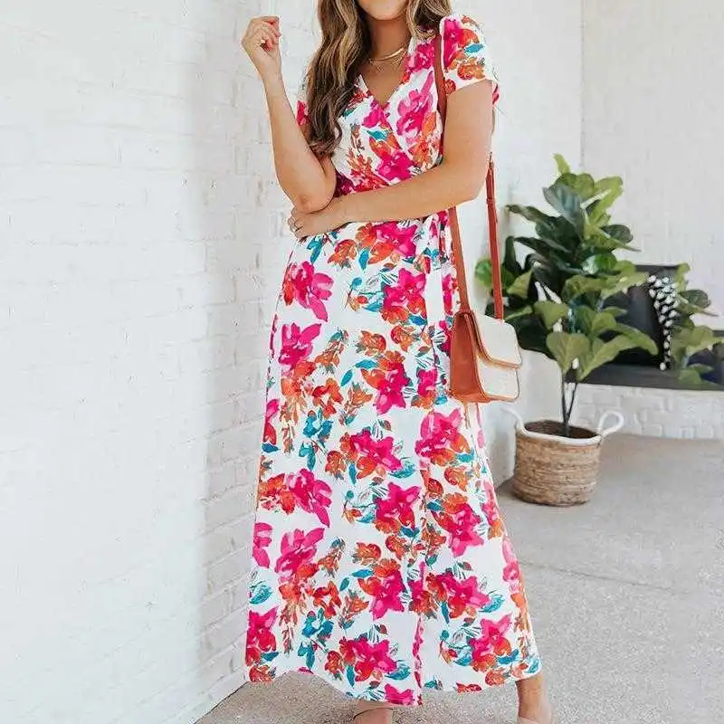 

Summer Temperament Split V Neck Dress Womens Printed Lace Up A Line