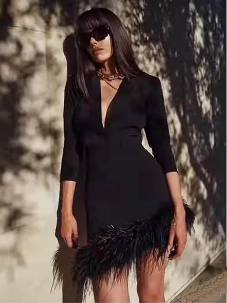 New Autumn Black Color Deep V-Neck  Fashion's Sexy Feather Dress Celebrte Evening Party Dress High Quality