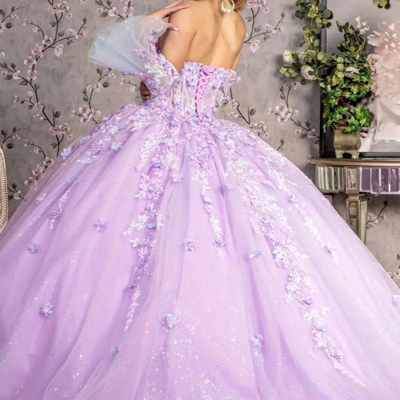 Платье принцессы кружевное с открытыми плечами бальное платье сиреневого цвета