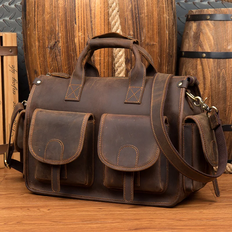 

Real Bag Men's Hand Briefcase Crazy Bag Leather Leather Leather Top Bag Handbags Thick Shoulder Grade Men Genuine Horse