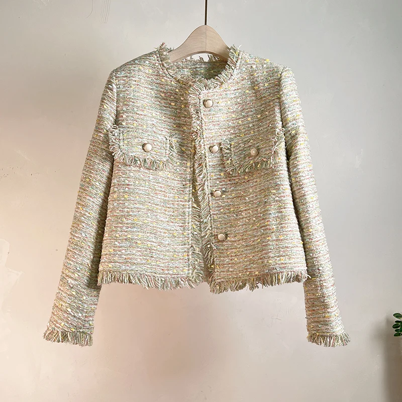 

Runway Small Fragrant Elegant Colorful Tweed Jacket Tops Women's Clothing Luxury High Grade Fringe Edge Coat Female Outwear