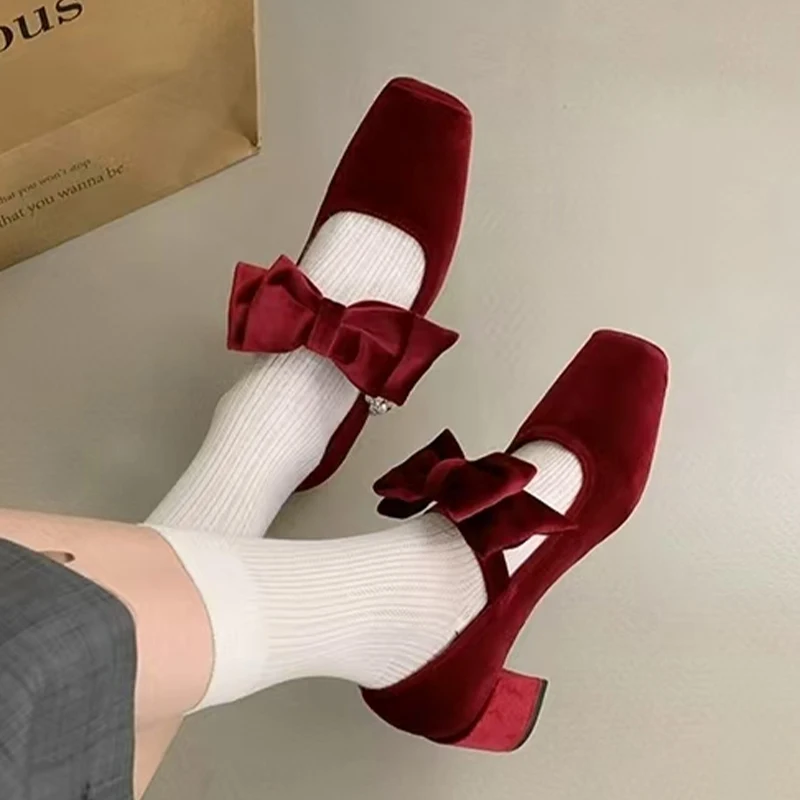 Женские туфли Мэри Джейн с пряжкой и бантом замшевые сандалии квадратным носком