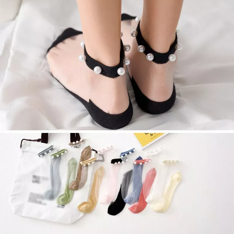 

High Quality Summer Stylish Trendy Fashion Modern Woman Girl Glitter Shiny Pearl Socks Mesh Thin Bead Gauze Transparent Sox