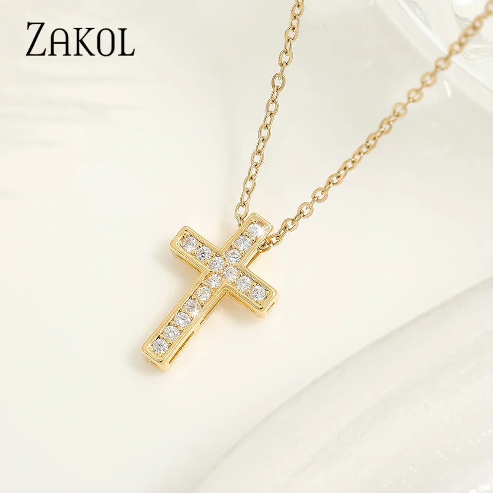 Zakol Женский циркон крест подвеска ожерелье 2024 тренд золотая ключица мода