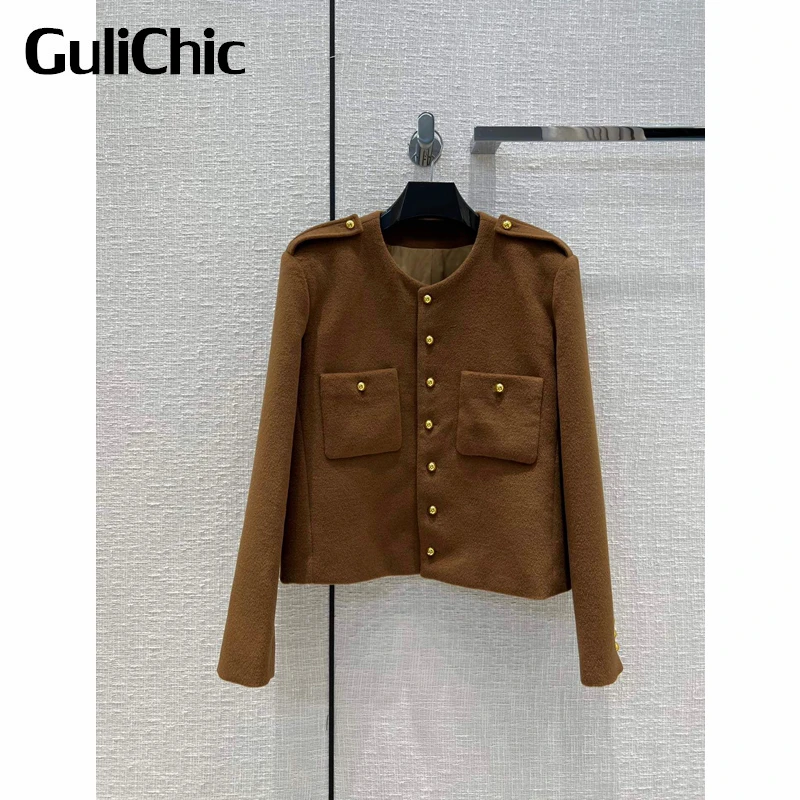 

8.30 GuliChic Women Vintage Casual Epaulet Design Single Breasted Long Sleeve Pocket Wool Short Jacket