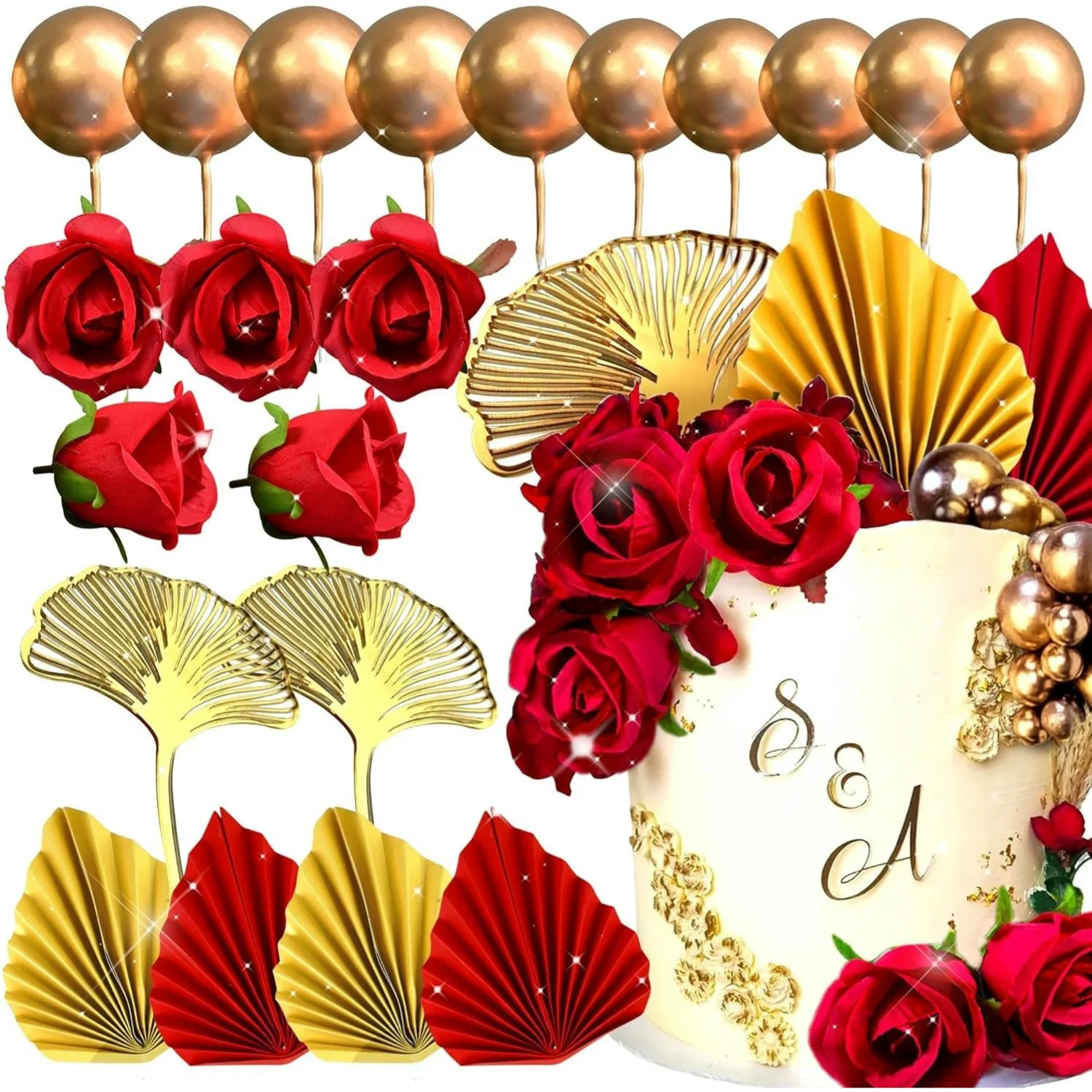 21 Шт. Украшения С Красной Розой Топперы Для Торта Гинкго Пальмовый Лист Свадьба