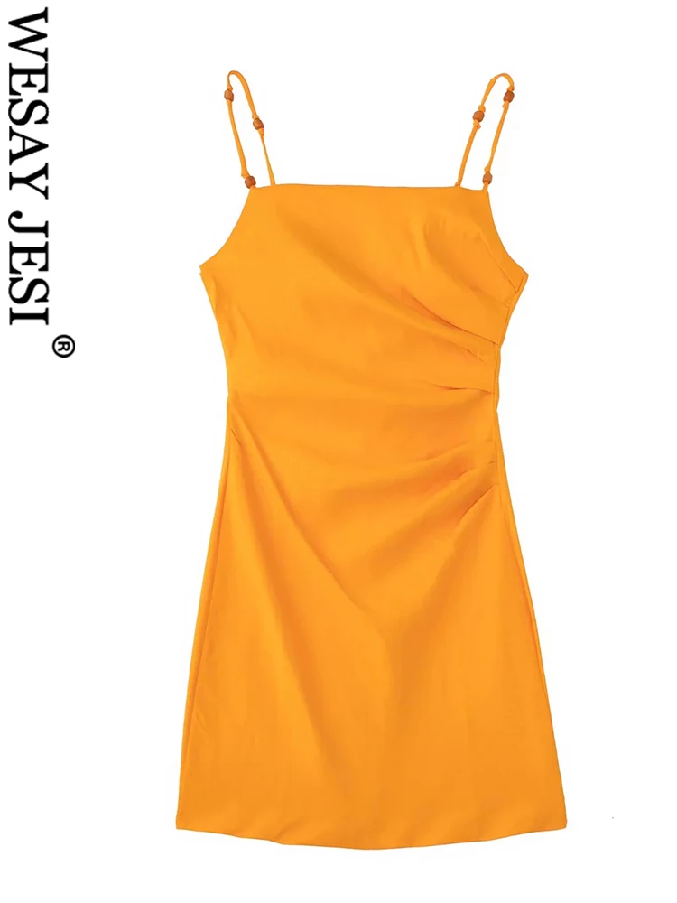 

WESAY JESI Skin-Friendly Cotton Side Pleated Waist Short Ladies Dress Fashion Trend Solid Color Daily Beaded Sling Women's Dress