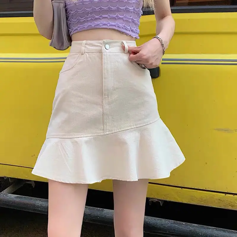 Ruffled Denim Skirt Women's Summer Dress 2022 New Simple Casual Anti-shine Bag Hip Above Knee Mini Skirt A-line Fishtail Skirt