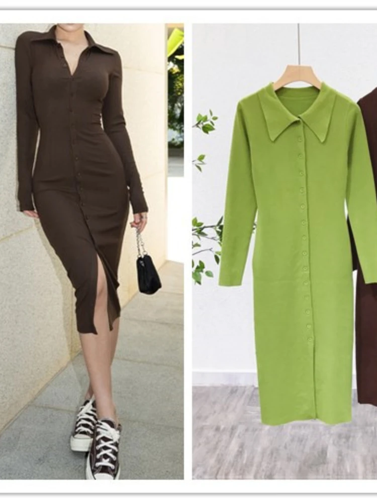 

Autumn Winter Female Vintage Sexy Elegant Midi Knitted Dresses Women Solid Color Long Sleeve Long Dress
