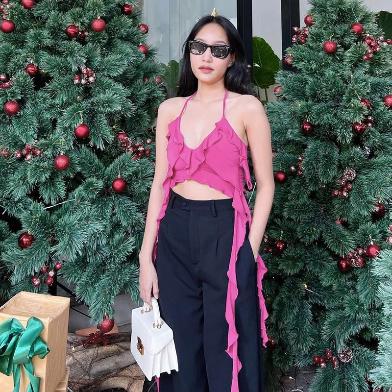 Женский Модный укороченный топ с рюшами и лямкой на шее, Женский пикантный топ на шнуровке с открытой спиной, Женский однотонный жилет, сезон весна-лето 2023, топы, кофта