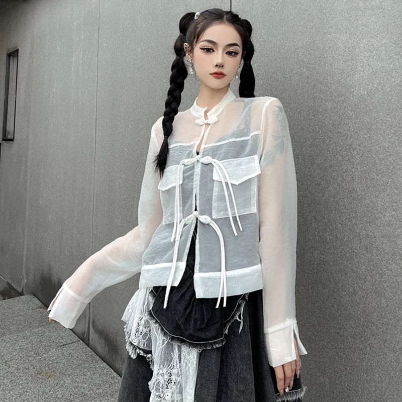 

Женская Однорядная Свободная рубашка Harajuku на двух пуговицах в китайском стиле, Женская Прозрачная черная белая рубашка из органзы, Тонкая Повседневная футболка