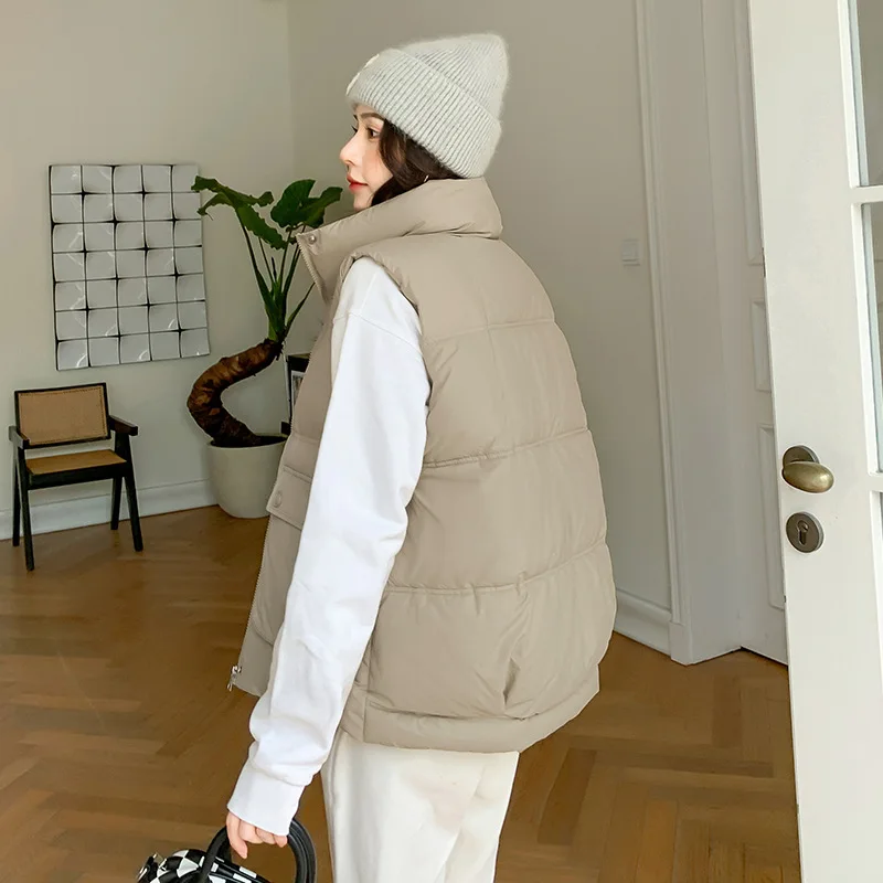GRELLER 2023 Winter Women Vest Coat Stand Collar Big Pocket Sleeveless Thicken Warm Padded Waistcoat Female Casual Vest Jacket
