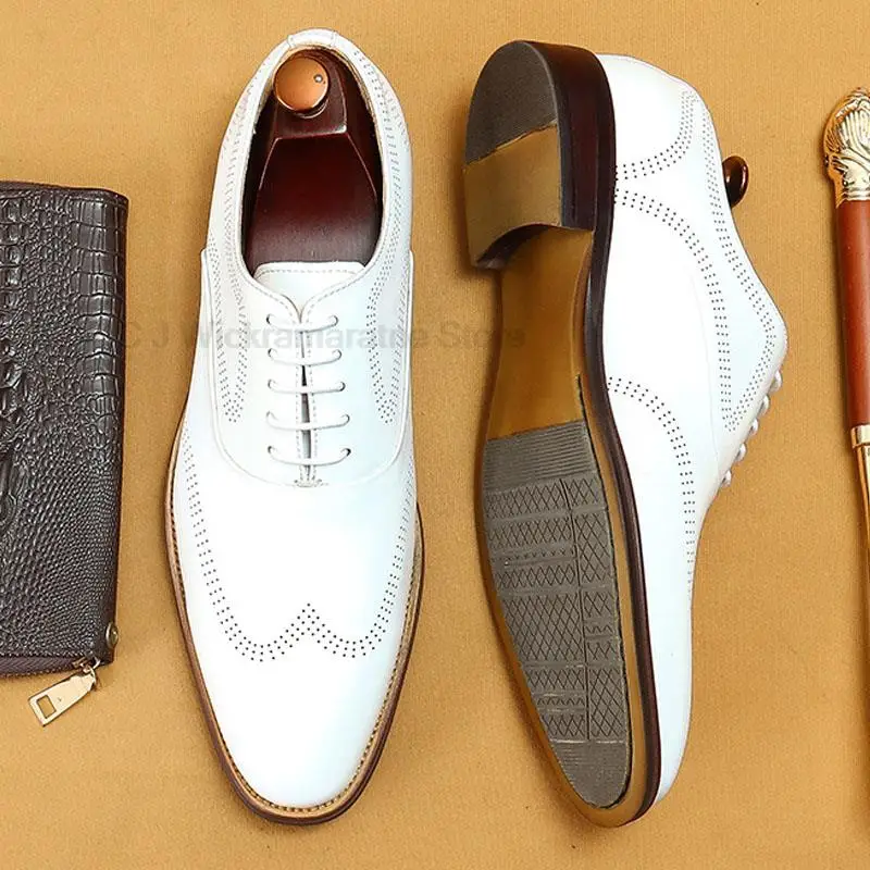 

Luxury Genuine Leather Men Oxford Shoes High Quality Classic Style Dress Shoes White Lace Up Pointed Toe Formal Brogue Shoes Men