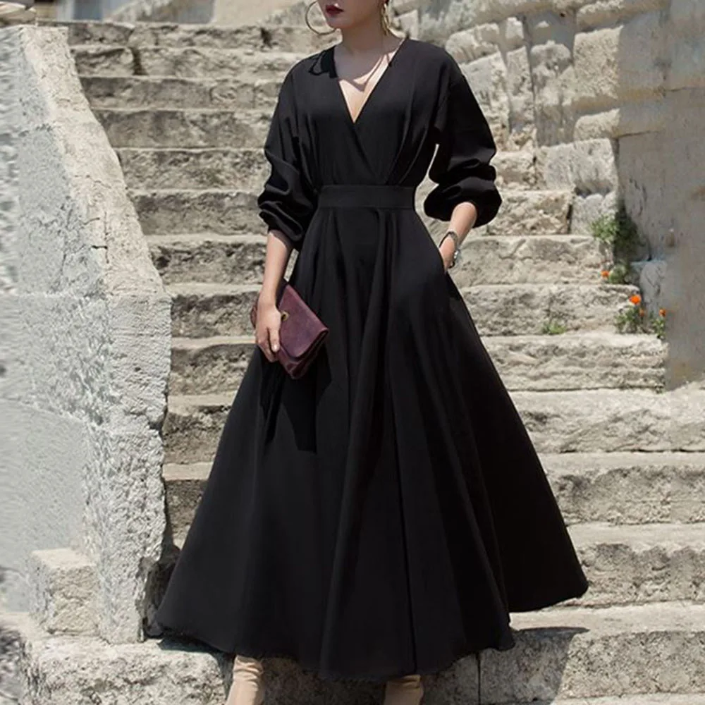 

Black Long Sleeve Dress Women 2022 Summer Plain Expansion Vintage Office Lady V-Neck Female Elegant Casual Maxi Dresses