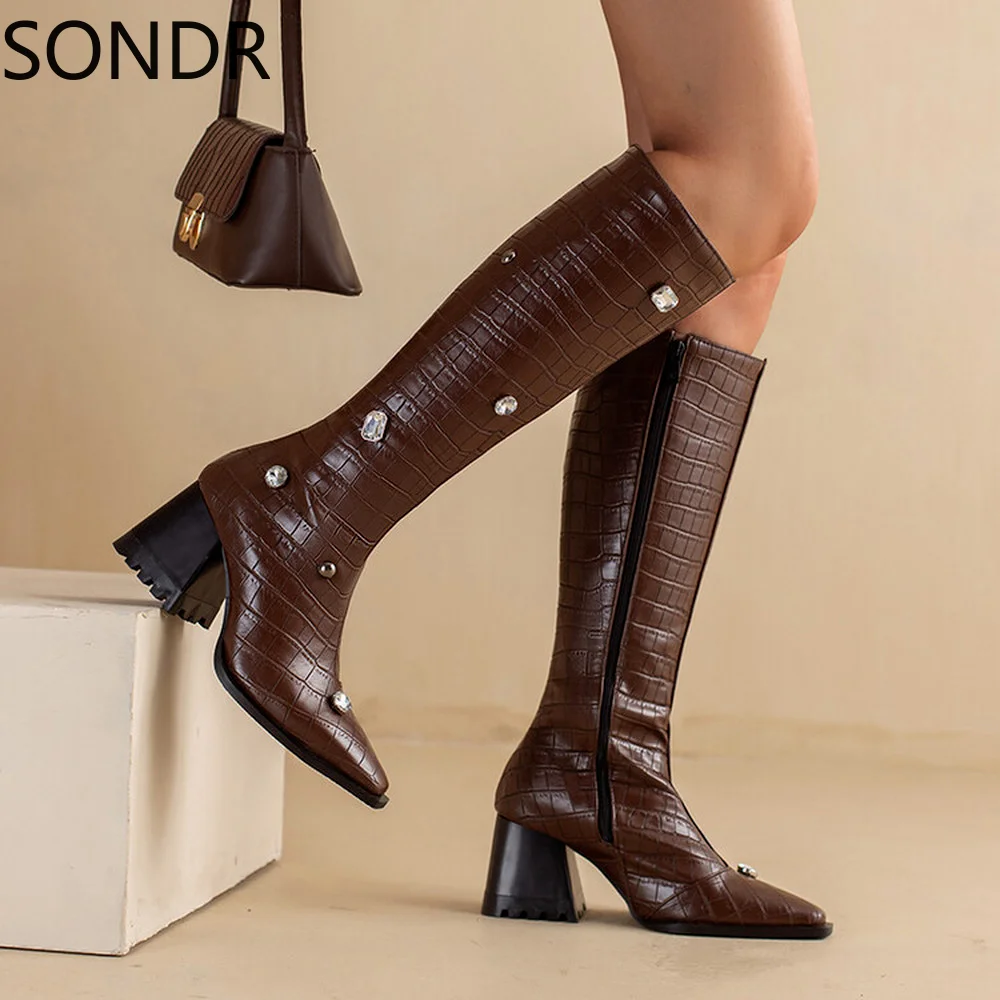 

Womens Diamond Pearls Knee Thigh Boots Platform Chunky High Heel Crocodile Pattern Punk Shoes Motorcycle Plus Size New 2022