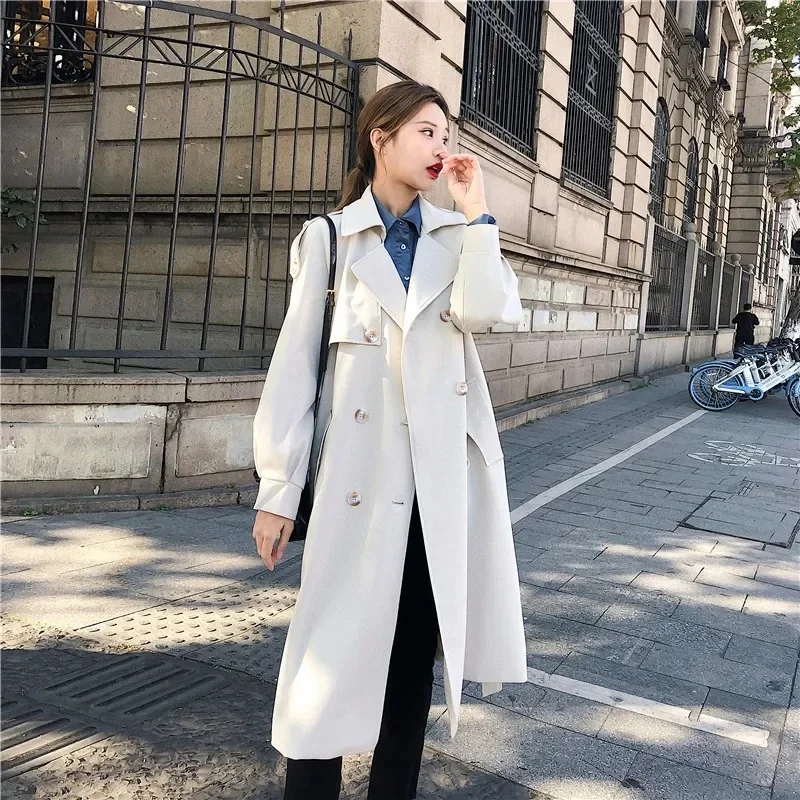 

Trench French Temperament Autumn Fashion Design Vintage Tunic Sashes Loose Retros Double Breasted Windbreaker