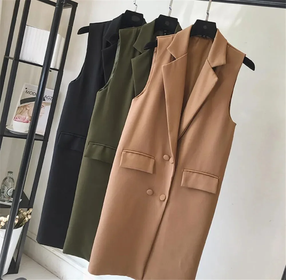 

Женский Длинный блейзер без рукавов, элегантный офисный Черный Повседневный Длинный жилет, женский жилет размеров, женский жилет