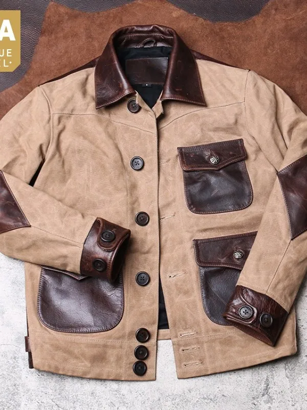 

Пальто мужское винтажное, брезентовое короткое пальто с карманами и пэчворком, жакет из натуральной воловьей кожи в стиле ретро, уличная од...