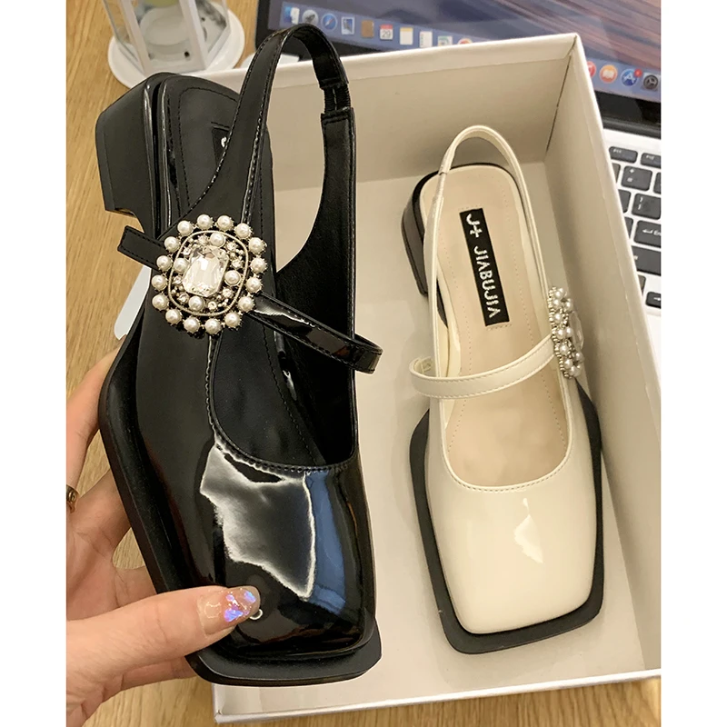 

Mary Jane Sandals Women's Shoes 2022 Spring and Summer New Fashion Pearl Rhinestone Low-heeled Non-slip Leather Shoes