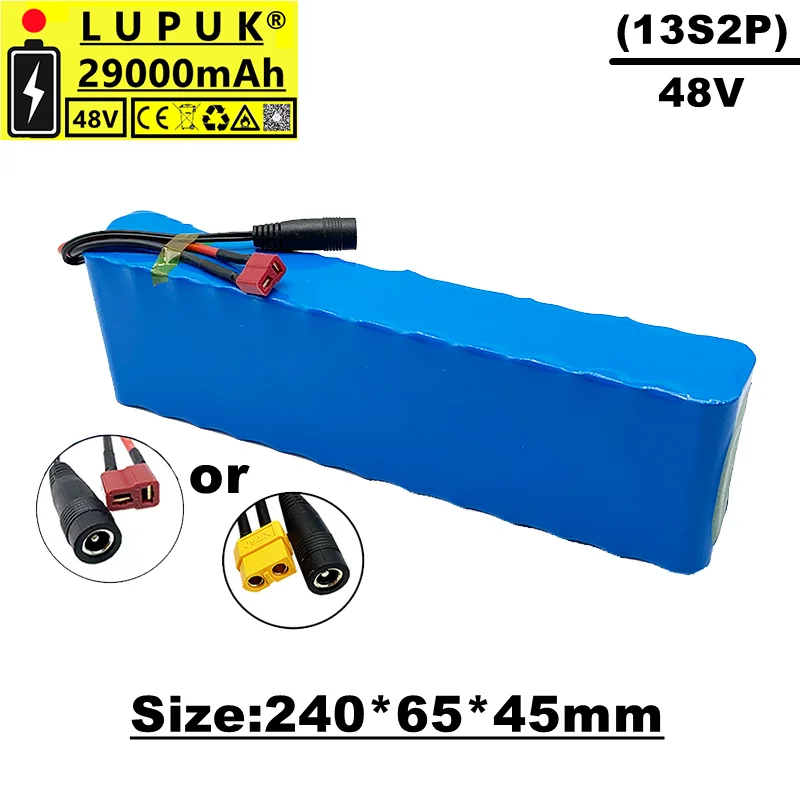 

Lupuk-48v lithium ion battery pack, 13s2p, 29000 MAH,1000 W,XT60 plug or T plug,built-in BMS,suitable for eBike electric bicycle