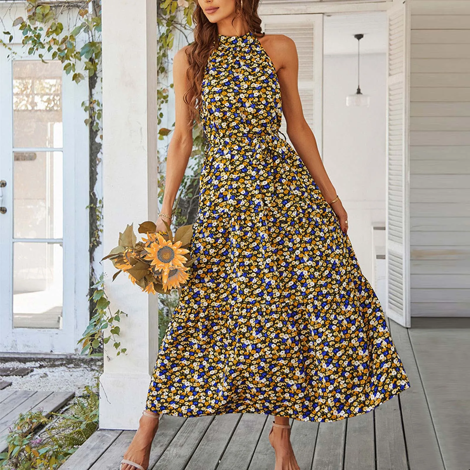 

Платье-миди женское с цветочным принтом, на бретельках, с завышенной талией