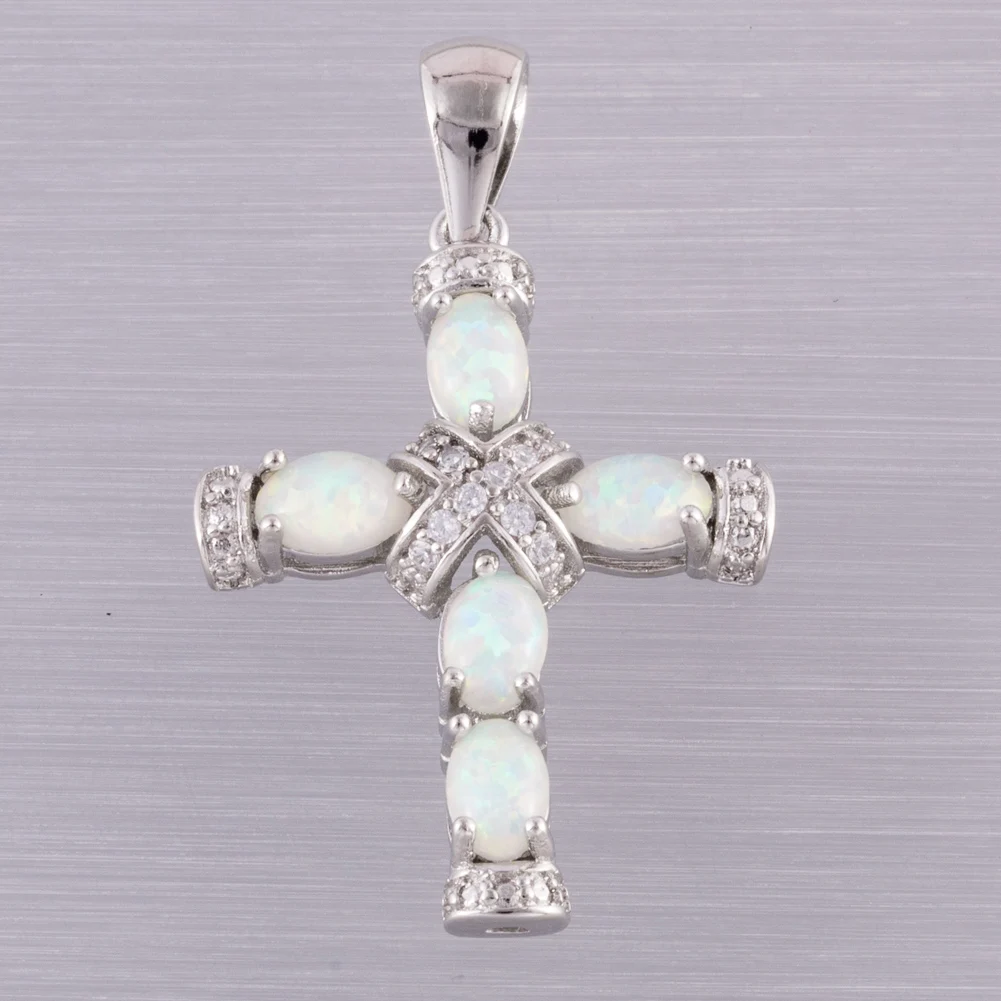 

KONGMOON Latin Cross White Fire Opal Cabochon CZ Silver Plated Jewelry for Women Pendant for Necklace