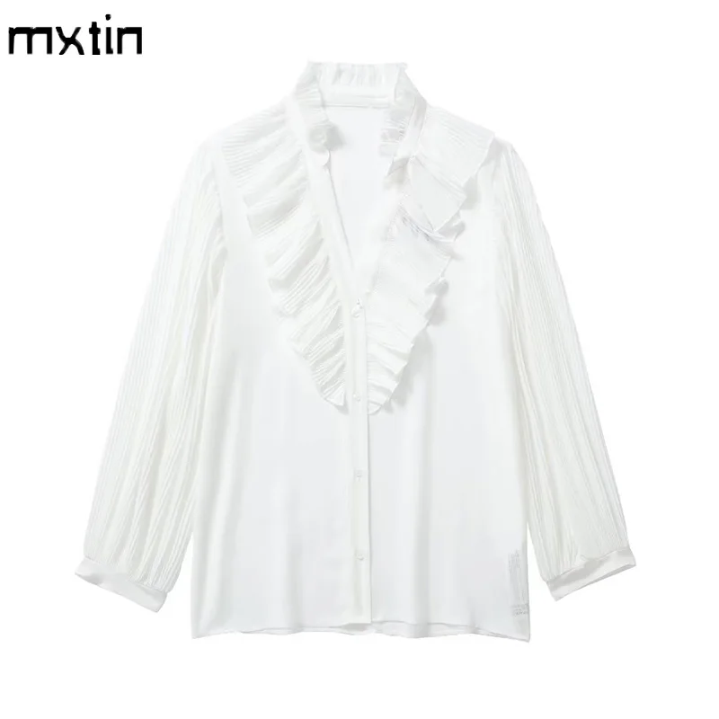 

Блузка женская однобортная с оборками, Модная белая винтажная рубашка с V-образным вырезом и длинным рукавом, повседневный шикарный топ, весна