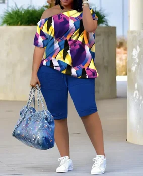 Summer Fashion Casual Two Piece Set Women Loose Oblique Neck Off Shoulder Print Tshirt Elastic Pants Two Piece Set Women 1