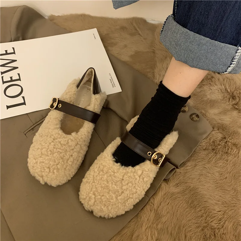 Lambswool Moccasins Femme Metal Buckle Belt Plush Flats Warm Cotton Loafers Curly Sheep Fur Mary Janes Winter Shoes Women 2022
