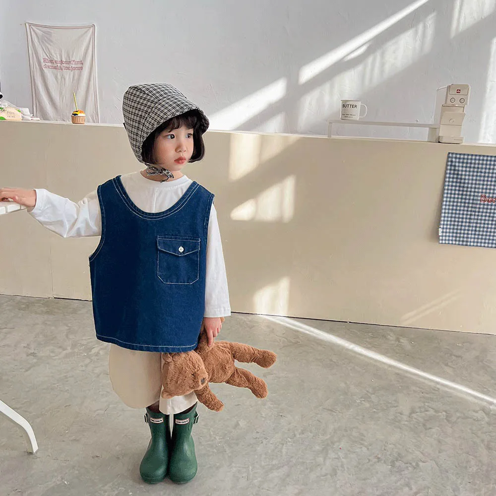 

Spring New Girls Denim Vest Fashion Children Cardigan Denim Jacket Baby Boy Sleeveless Tops Cute Little Girl Clothes