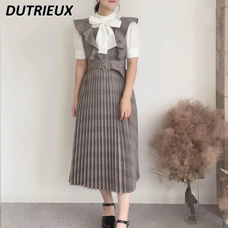 

Women's Spring Summer Suspender Dress Japanese-Style Retro Plaid Sleeveless Ruffle Flying Sleeve Heavy Industry Pleated Dress