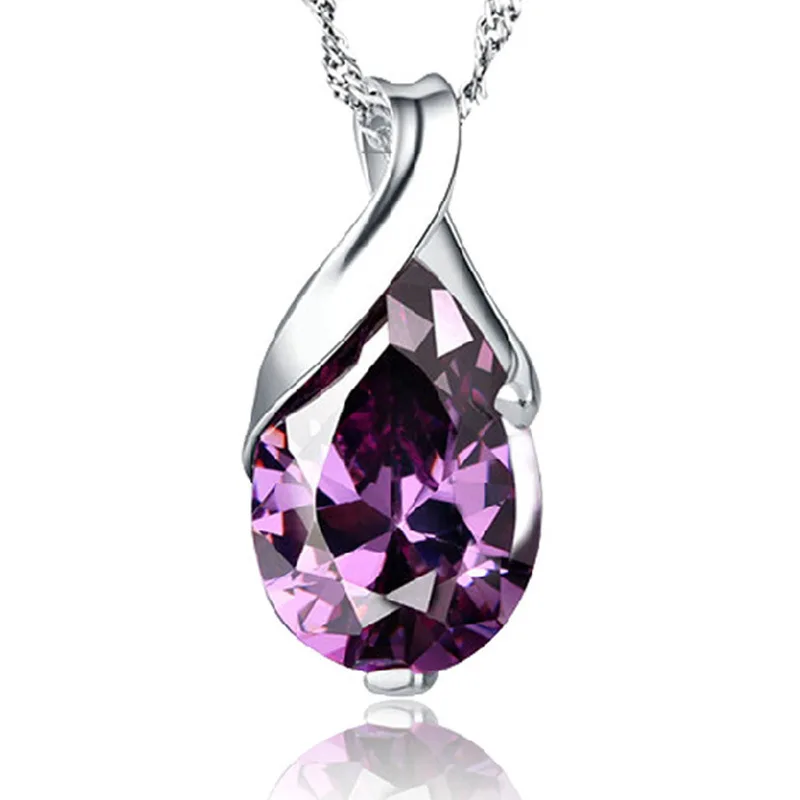 

New S925 Sterling Silver Necklace Angel Tears Crystal Purple Pendant Necklace for Woman Charm Jewelry Gift
