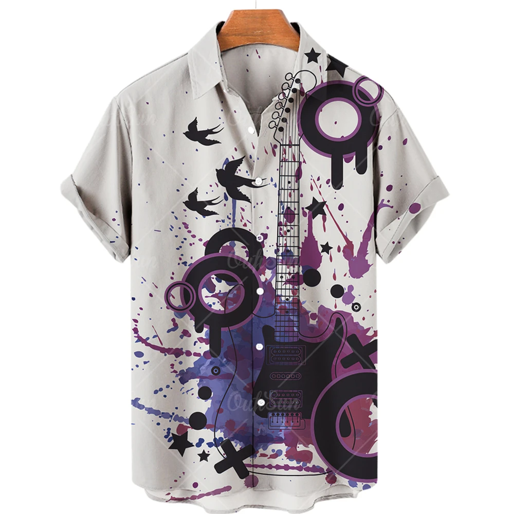 Hawaiian Men's Shirt 3D Harajuku Guitar Jazz Print Tops V-Neck Casual Blouses Fashion Tees Button Up Short Sleeve Pop Shirt Male