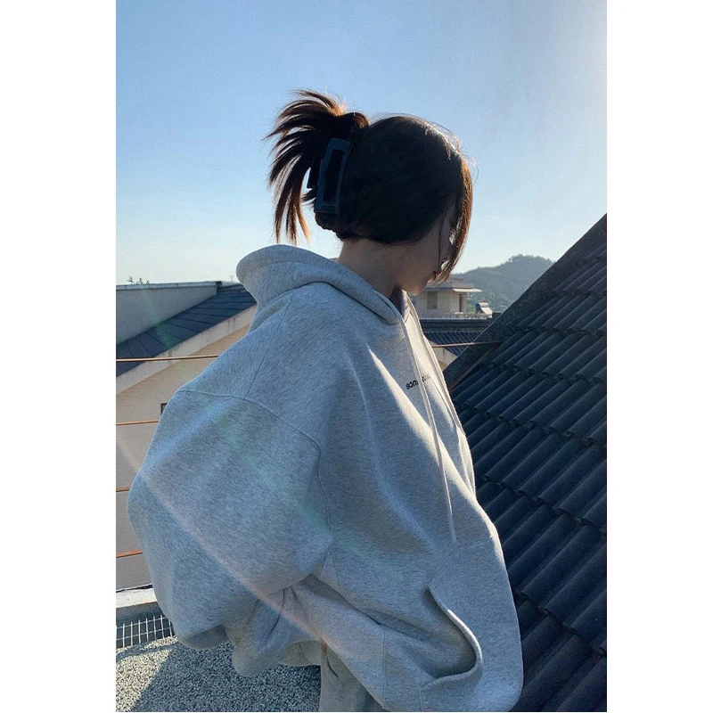 Корейский модный серый флисовый утепленный мешковатый пуловер с карманами и