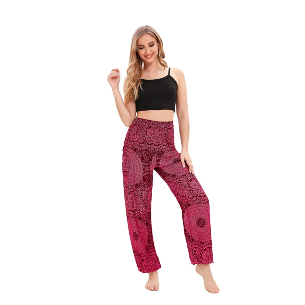 Women's Bohemian Printing Rayon Beach Pants Summer New Elastic High Waist Women Sports Long Trousers Boho Hip Hop Streetwear