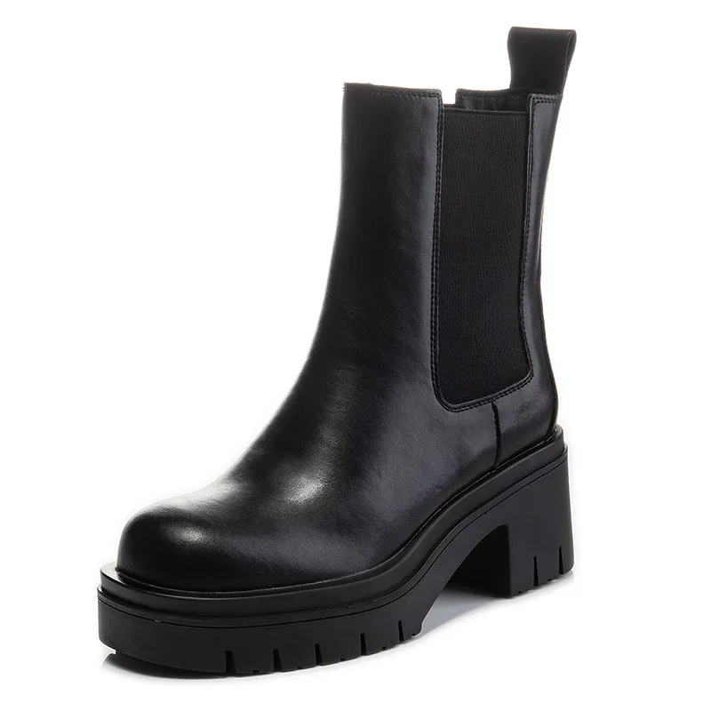 

Genuine Leather Ankle Chelsea Boots Female Black High Heels Fashion 2022 Autumn Winter Shoes On Platform Luxury Slip On Wedge 40