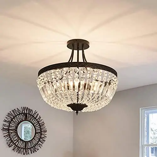 

Light Crystal Chandelier Antique Gold Semi Flush Mount Ceiling Light Fixture E12 Vintage Large Indoor Pendant Lighting for Farmh