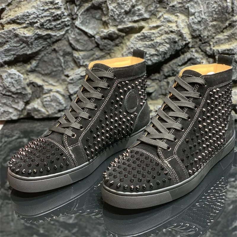 

Luxury Brands Black Leisure Leather Red Bottoms High Top Full Rivets Tennis Shoes For Mens Flats Loafers Women's Spiked Sneakers