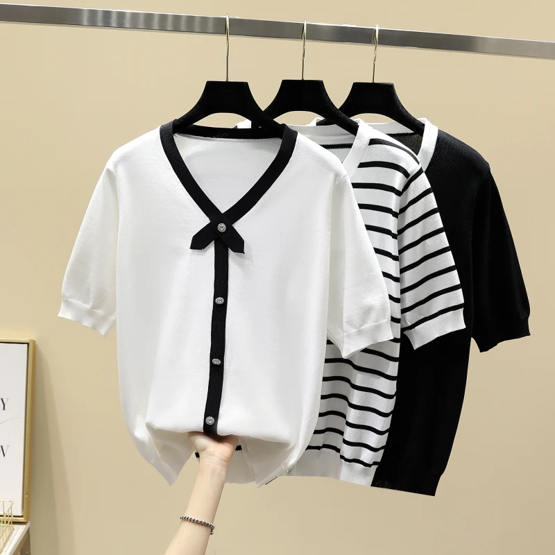 

VANOVICH 2022 Summer New Korean Style Oversized Loose Slim Contrast Color Top Fashion V-neck Short Sleeve Knitted T-shirt