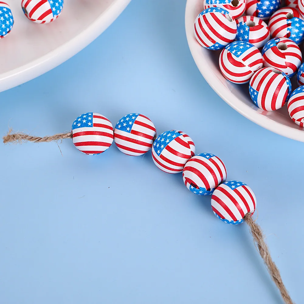 

10pcs Printed American Flag Round Pentagram Wooden Beads DIY Fashion Custom Crafts Accessories