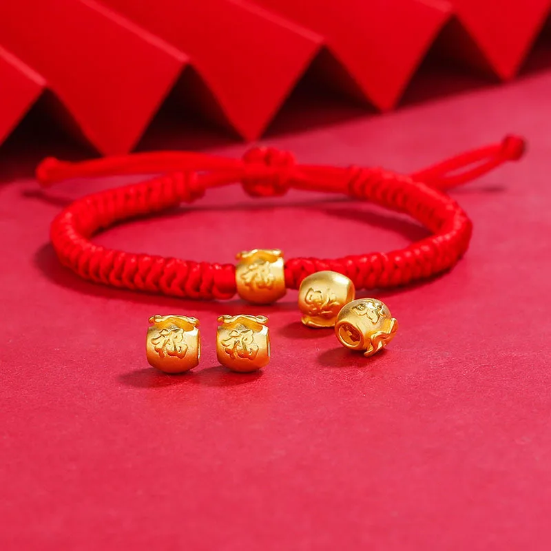 

Браслет из желтого золота 24 карата для женщин и мужчин, объемное благословение фу, кошелек с красной струной, ручной работы, длина 16-18 см