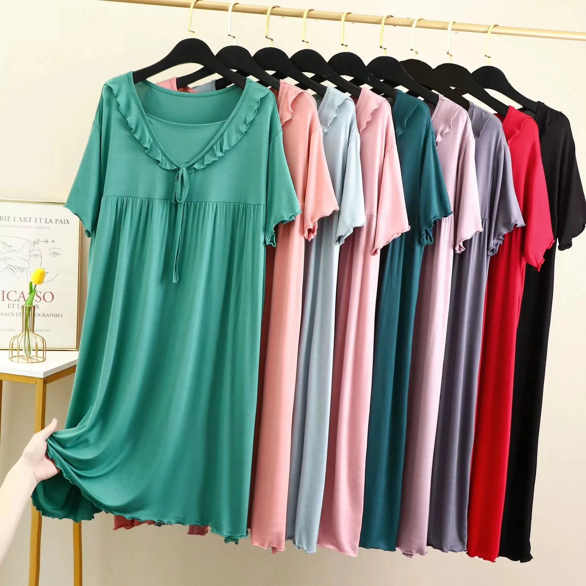 Fdfklak New Modal Cotton V-shaped Lace Round Neck Sleepwear Short Sleeve Nightdress Summer Wooden Ear Nightwear Female Branch