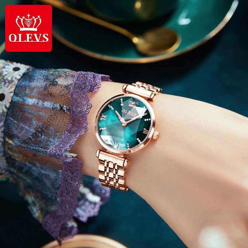 OLEVS Women Luxury Jewel Quartz Watch Rose Gold Rhombus Mirror Stainless Steel Strap Watch for Women necklace bracelet Gift Set enlarge