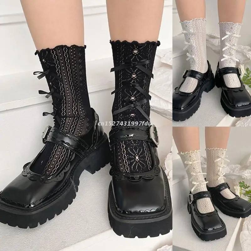 

Women Lolita Sweet Frilly Ruffled Trim Crew Socks Japanese Style Hollow Out Floral Lace Ribbon Bowknot Summer Thin Short