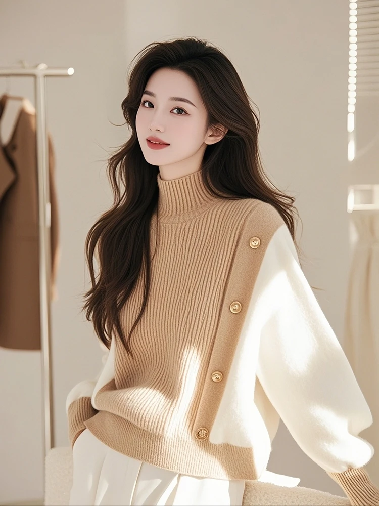 Contrast Color Turtleneck Knitwear Sweater Women clothes 2024 Autumn and Winter New Unique Design Sense Lazy Long sleev...