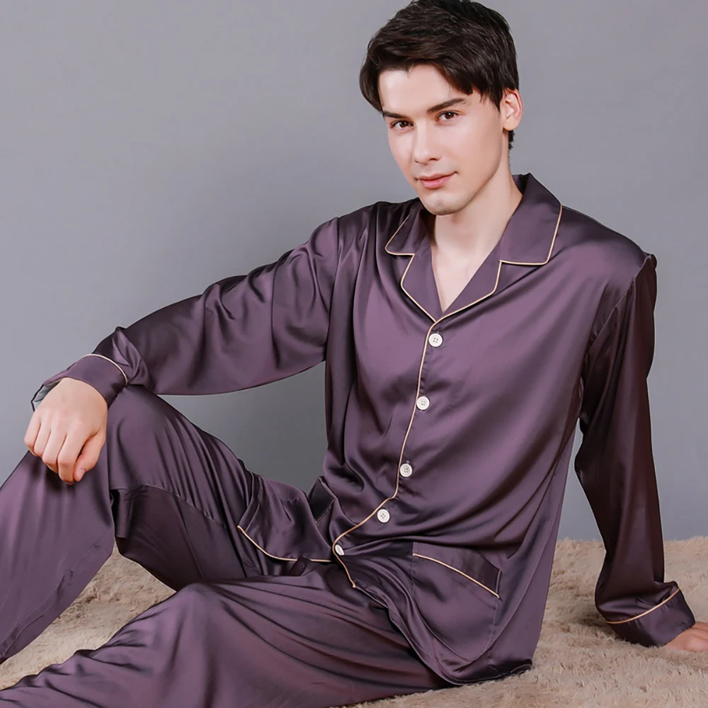 Men Summer Ice Silk Sleepwear Thin Breathable Pajama Sets Noble Solid Color Silk Pajamas Comfort Satin Pajama Male Casual Pijama